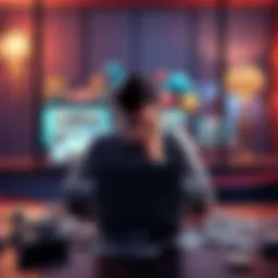 Gambling Journey Reflection A person sitting at a table, looking worried, with a laptop showing gambling websites and bills scattered around, symbolizing gambling debt and hope for recovery.