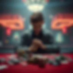 A person sitting alone at a table with a stack of money and a blank expression, surrounded by gambling chips and cards, representing the struggle with addiction after a big win.