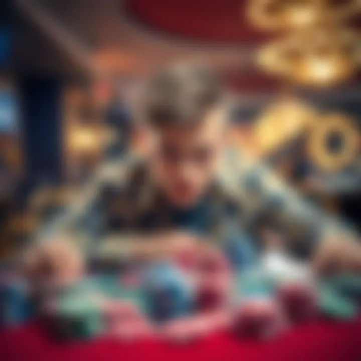 A young man looks shocked as he stares at a gambling table covered in chips and cards, showing signs of distress after losing money.