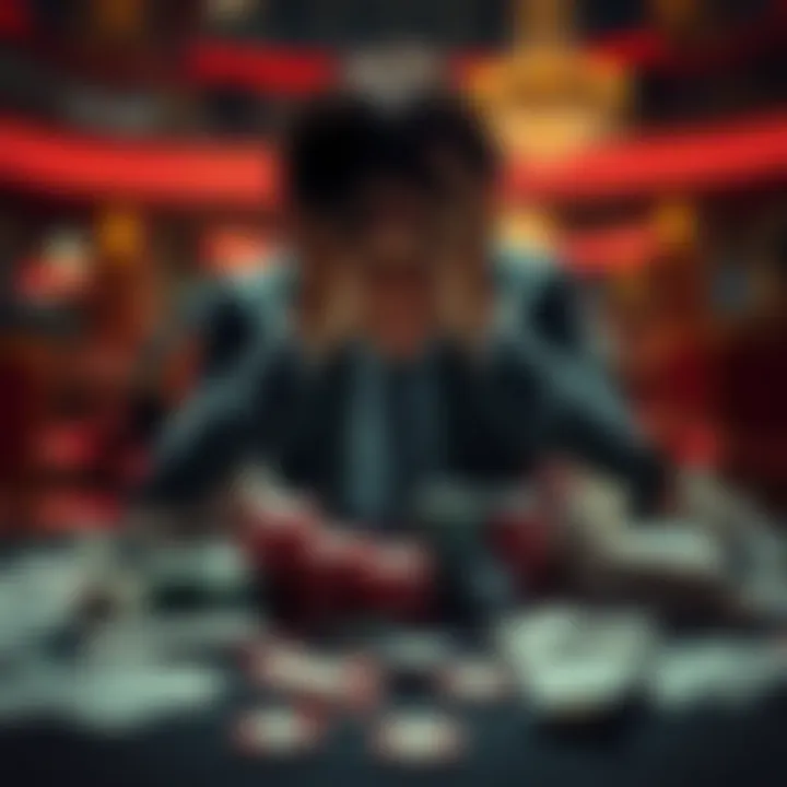 Gambling Loss A person sitting at a table with a head in their hands, surrounded by empty betting slips and chips, reflecting distress over gambling losses.