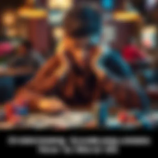 Individual sitting at a table with a worried expression, surrounded by gambling items such as cards and chips, contemplating their financial struggles.