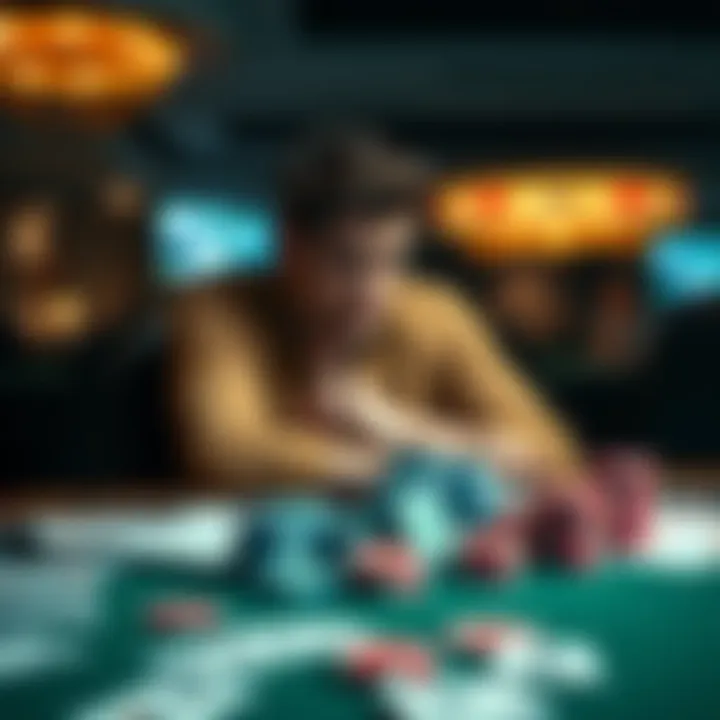 Individual sitting alone, looking thoughtful and sad, surrounded by playing cards and empty casino chips