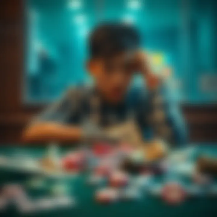 A distressed university student sits at a table with empty poker chips and bills scattered around, looking worried and overwhelmed.