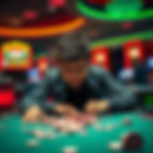 A person sitting at a craps table looking distressed after losing money, with chips scattered around them.