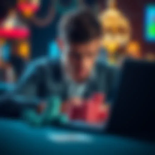 A distressed individual looking at a stack of casino chips and a laptop showing gambling losses, reflecting regret.