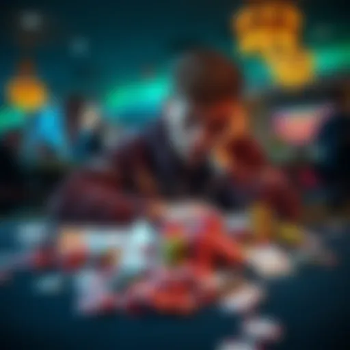 A worried student sitting at a table with scattered casino chips and losing betting slips, looking distressed after a night of gambling.