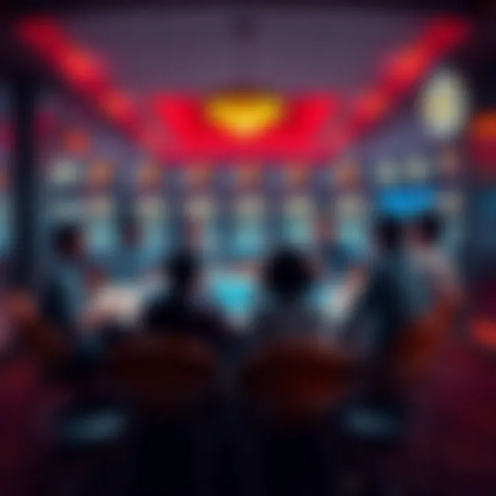 A group of people passionately discussing their opinions on gambling at a round table, with high volatility slot machines in the background.