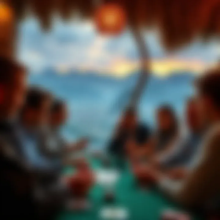 People gambling in unusual places Group of people playing cards in a unique outdoor setting with scenic views