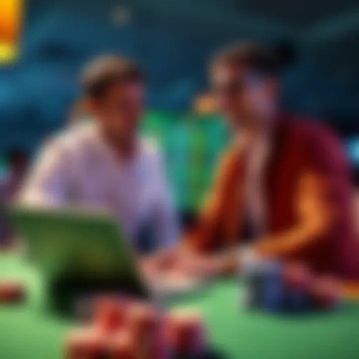 Two people discussing gambling strategies with a laptop and sportsbook options on the screen