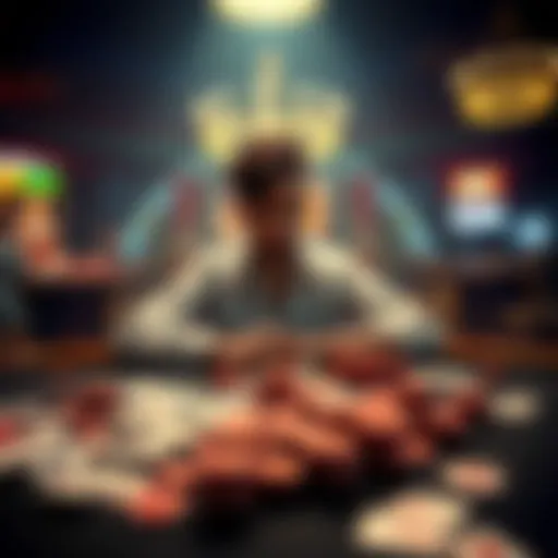 A person sitting at a table with scattered playing cards and chips, looking contemplative as they reflect on past gambling losses and the journey to recovery