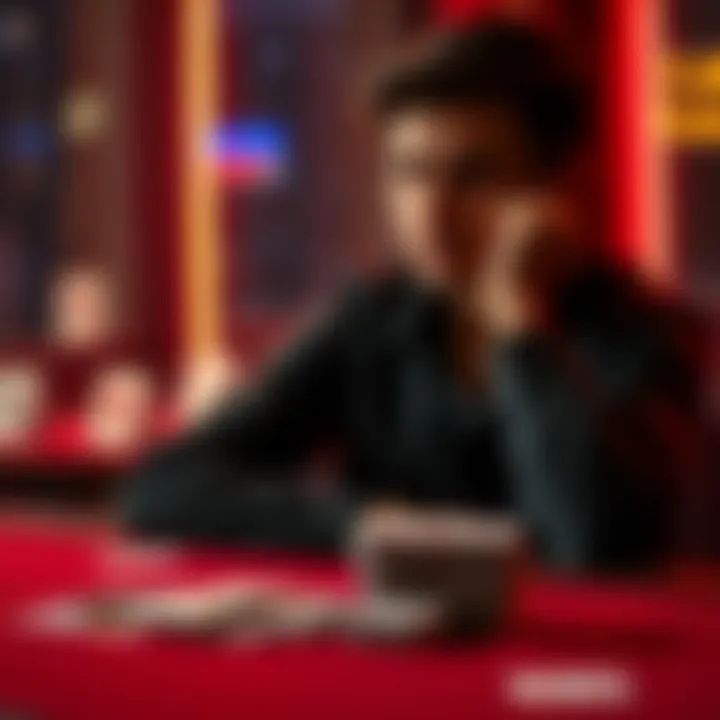 A person sitting alone with a worried expression, looking at a stack of playing cards on the table, symbolizing the struggle with gambling addiction.