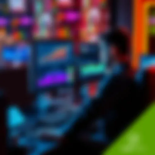 A person sitting at a computer, looking at different online gambling websites, with charts and graphs on the screen