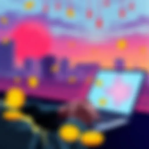 Illustration of a person using a laptop for online gambling, with Bitcoin symbols and Texas skyline in the background