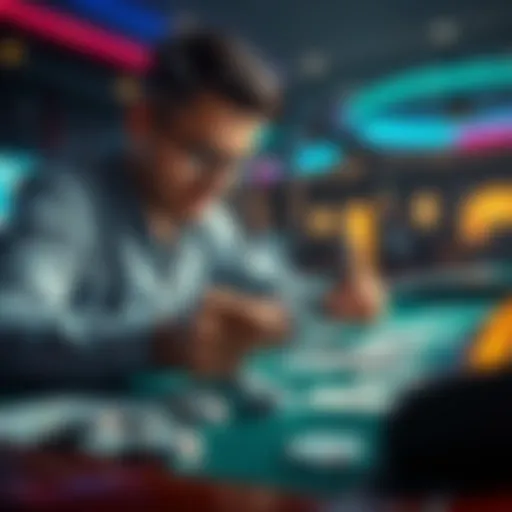 A person analyzing gambling strategies with chips and cards on a table