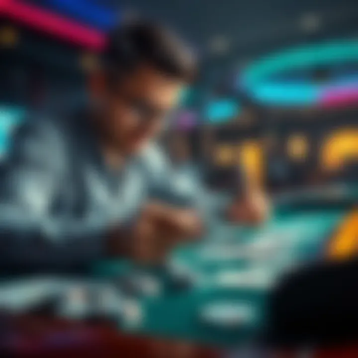 Gambling Strategies A person analyzing gambling strategies with chips and cards on a table