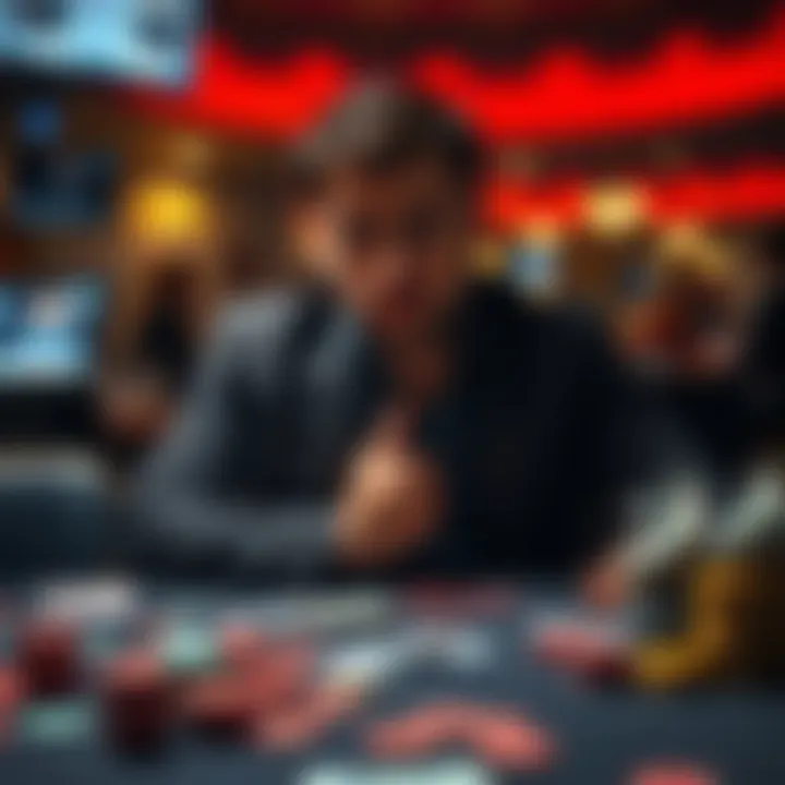Individual sitting at a table with bills and gambling tokens, looking concerned about financial choices