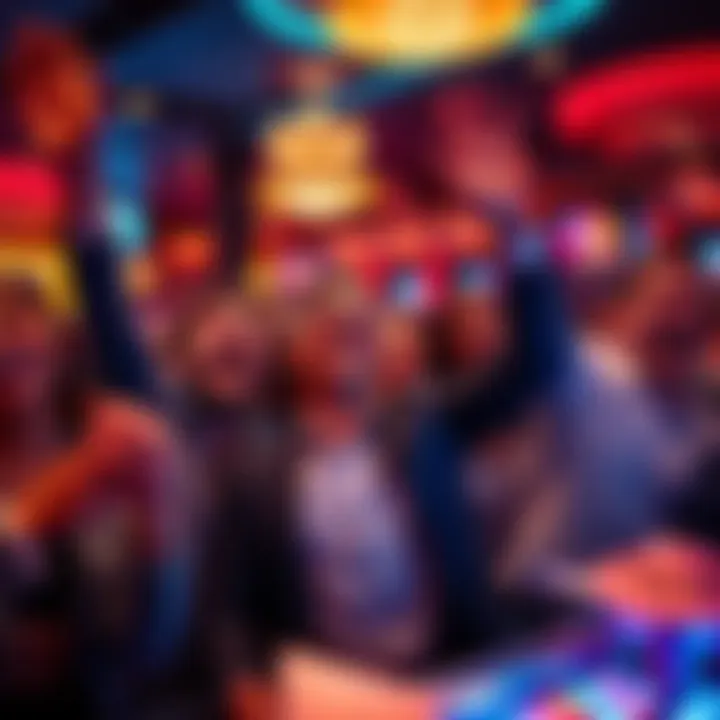 People celebrating a big win at a gambling venue, with joyful expressions and raised hands.