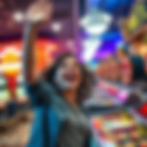 A thrilled person celebrating a small gambling win in a vibrant casino setting in Germany
