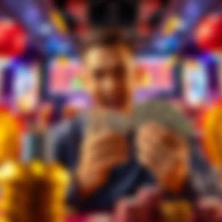 A player celebrating a big win with cash and casino chips after turning a small deposit into a large payout