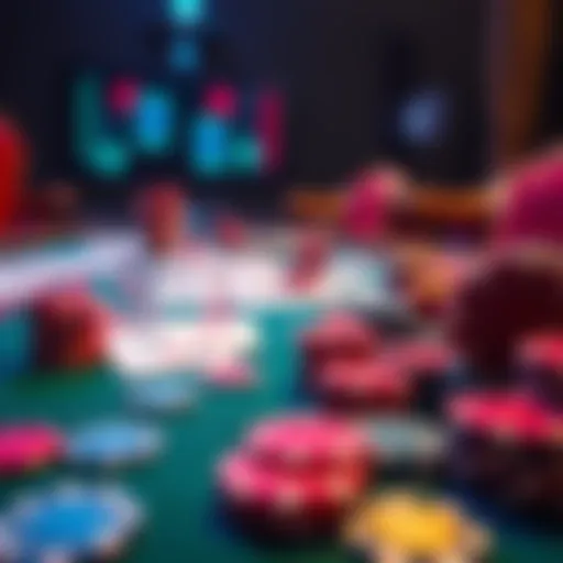 A close-up of a gambling table filled with colorful chips and cards, symbolizing the highs and lows of gambling experiences.