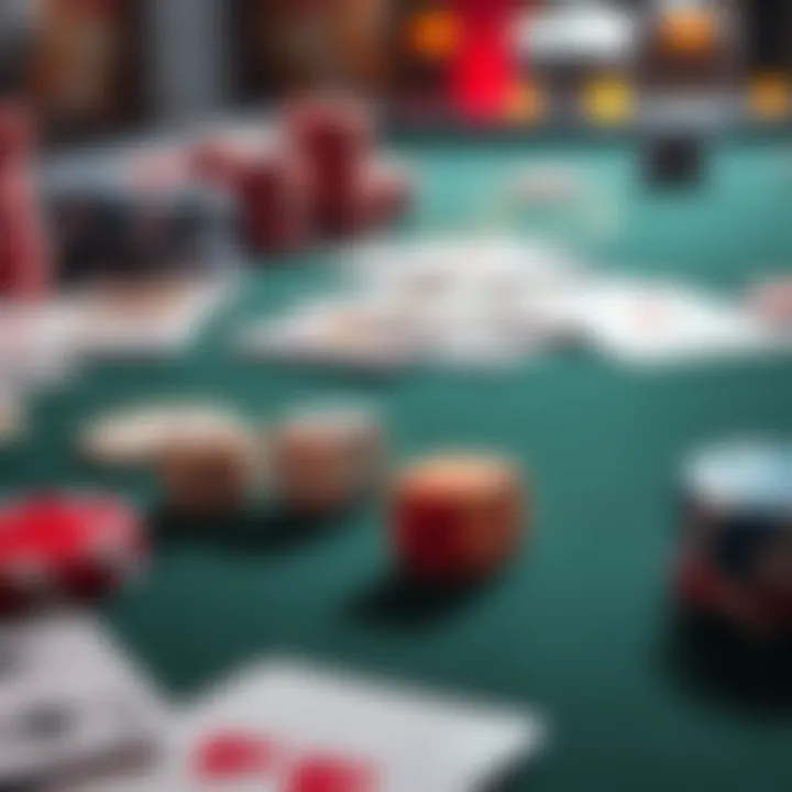 Gambling Table with Dice and Cards A close-up view of a gambling table showing dice, playing cards, and chips, representing the concept of bad beats in gambling.