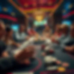 A close-up view of a busy gambling table with cards, chips, and players looking concerned and skeptical about their winnings.