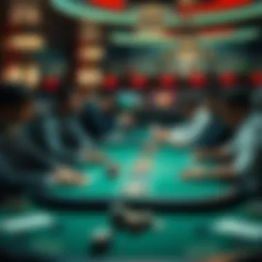 A busy gambling table showing players making cautious bets while discussing strategy.