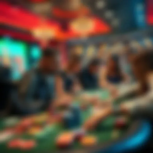 A group of players focusing on a gambling table with colorful chips and cards, discussing bets like All, Tall, and Small.