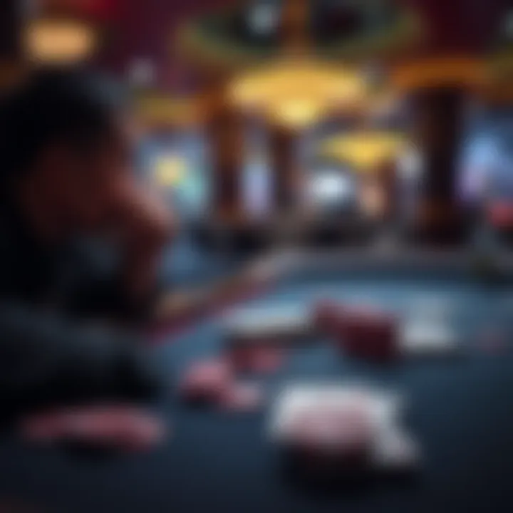A person contemplating at a gambling table, with poker chips and cards in focus, symbolizing the journey of recovering from gambling addiction.