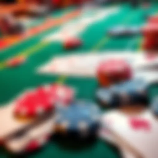 A close-up view of a gambling table featuring cards and poker chips, illustrating the casino experience.