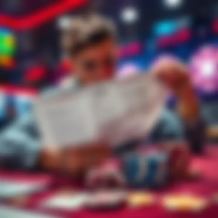 Gambling Tax Bill A player looking at a tax bill with gambling chips and cash on the table, showing concern about high taxes on winnings.