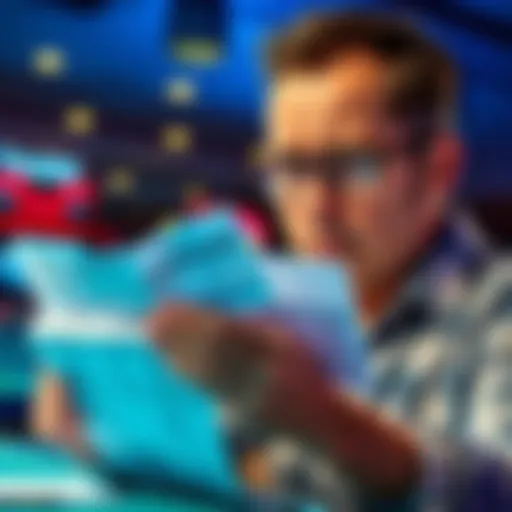 A person looking frustrated while reviewing gambling receipts and tax forms, symbolizing confusion over taxes on winnings and losses in New York.