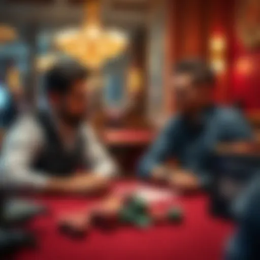 Two experienced gamblers discussing online casino strategies at a table with cards and chips