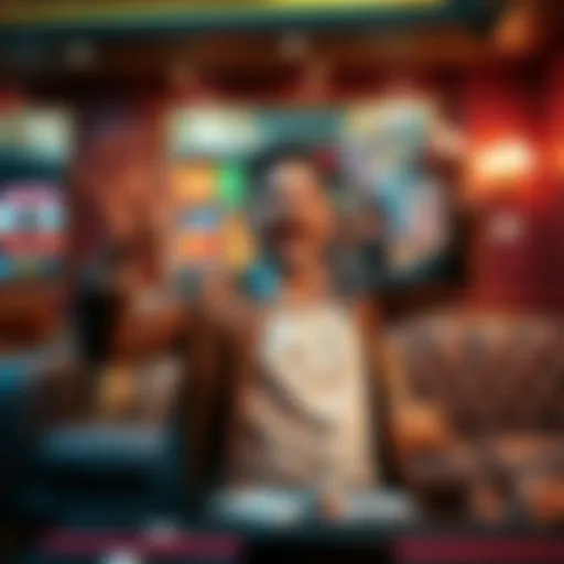 A person celebrating a gambling win with cash in hand and a luxury sofa in the background.