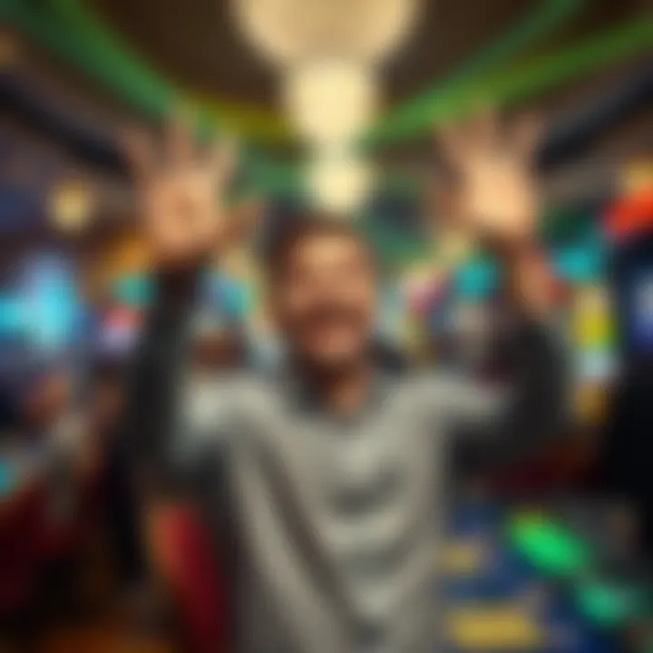 A person joyfully celebrating a huge gambling win, holding cash and smiling widely at a casino.