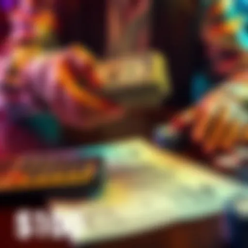 A person holding a stack of cash with a calculator and tax forms on a table, symbolizing the difference between gambling winnings and actual earnings after taxes.