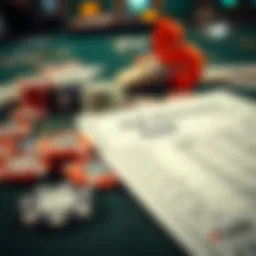 A close-up of a gambling table with chips and cash, highlighting a tax form next to them, representing the high taxation on winnings.