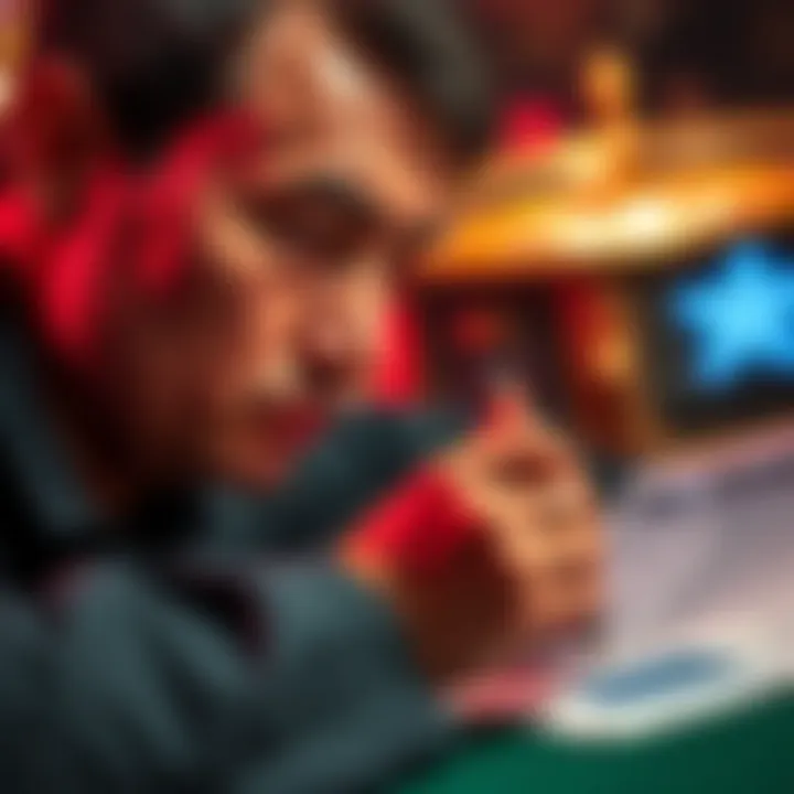A person looking at gambling chips and a tax form, contemplating winnings and tax implications.