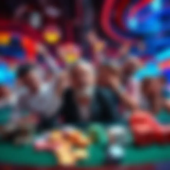 A collage of people celebrating big wins at a casino and showing disappointment after losses, featuring cards, chips, and dice.