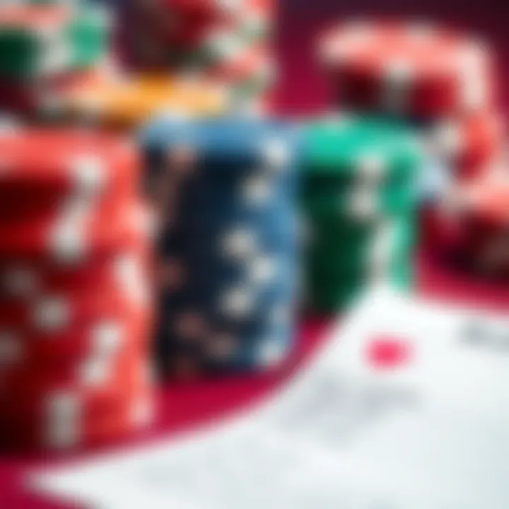 Gambling with Bets A close-up of colorful poker chips stacked beside a betting slip, showing various bet amounts.