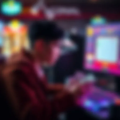 Individual focused on a computer screen displaying a gambling game with virtual currency