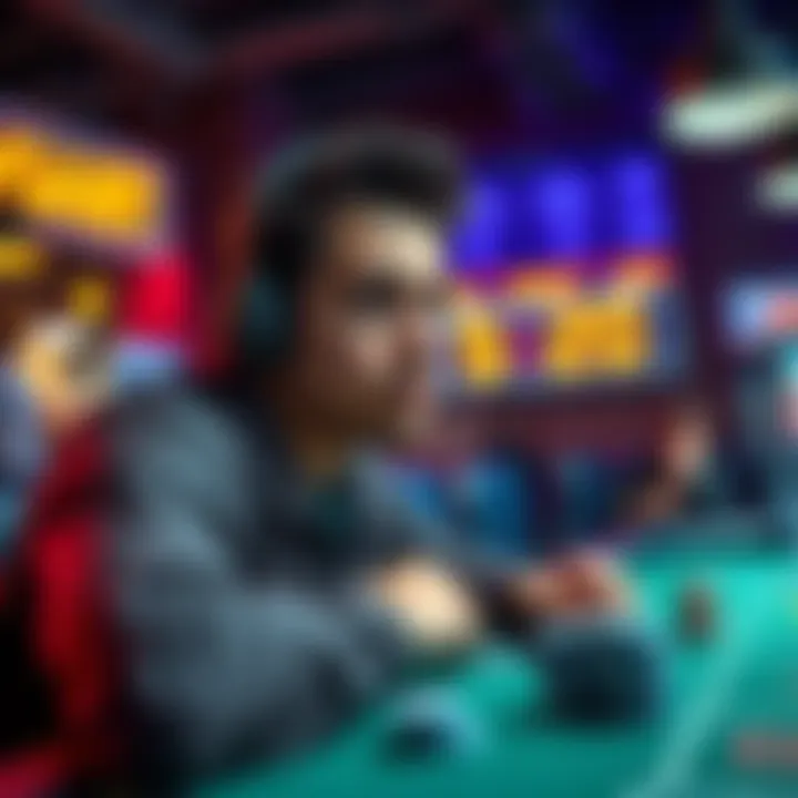 A person contemplating whether to cash out or keep playing a game, with a table showing chips and a scoreboard in the background.