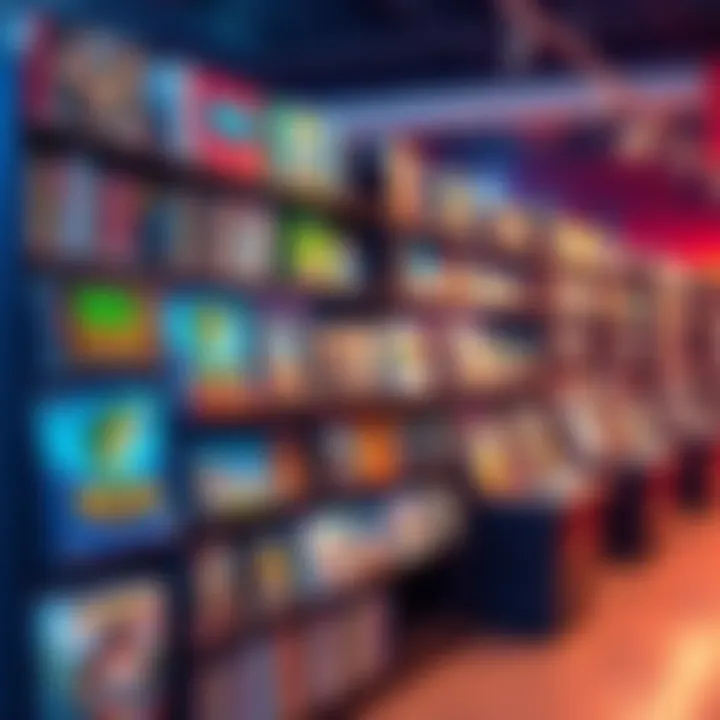 A colorful display of various game titles including Big Bass series and Excalibur Unleashed at Huge Library