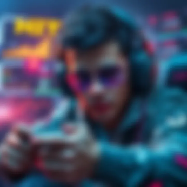 A gamer focused on achieving a HIT with high intensity, surrounded by graphics showing game scores and performance tips