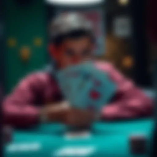 A player contemplating their next move in a card game, showing a hand of 11 against a dealer's hidden card.