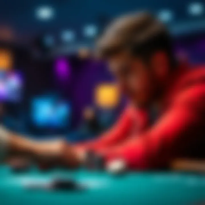 A player contemplating their move in a strategic card game, focusing on the importance of fold frequency in gameplay decisions.