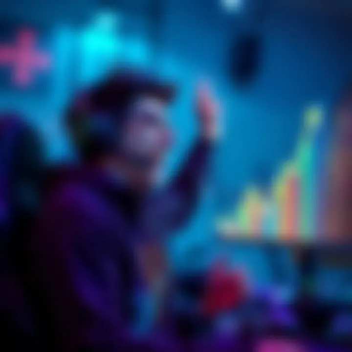 Player celebrating a gaming achievement A gamer with a headset excitedly watching their rank increase on screen, holding a controller and surrounded by gaming gear.