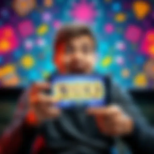 A casual gamer with a surprised expression, holding a smartphone showing a big win on a game, with a playful background of gaming icons.