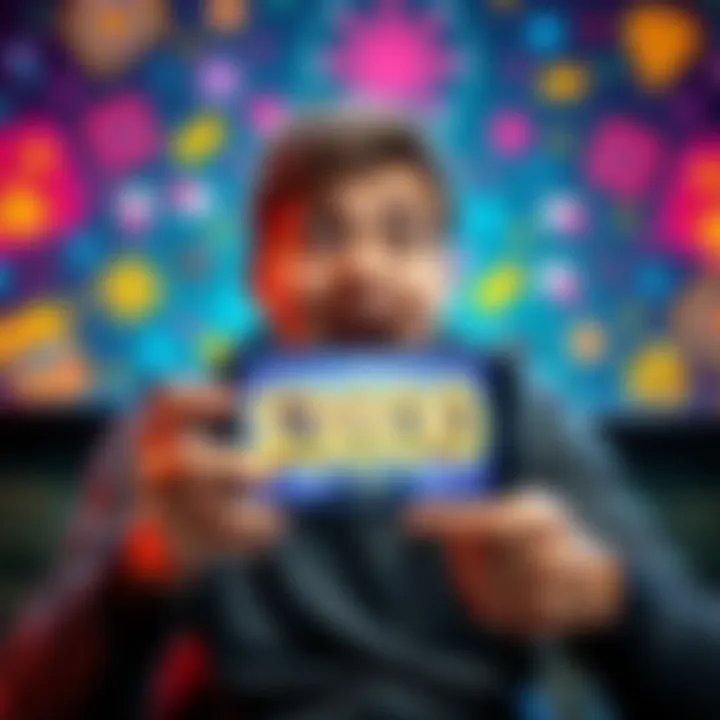 Gamer Celebrates Big Win A casual gamer with a surprised expression, holding a smartphone showing a big win on a game, with a playful background of gaming icons.