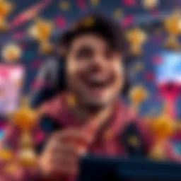 A gamer with a joyful expression, surrounded by gaming trophies and achievements, symbolizing winning streaks.